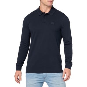 BOSS Men’s Square Patch Logo Slim Fit Long Sleeve Polo Shirt(Space Blue)