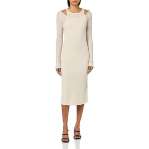 BOSS Women’s Ecna Fitted Mélange Rib Midi Dress(White Bone)