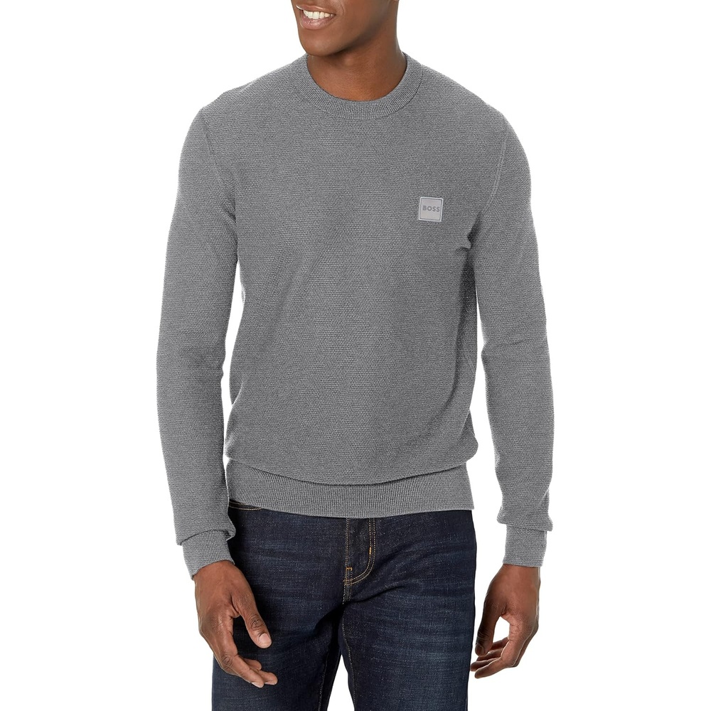 image:imageBOSS Mens Cotton Blend Logo Patch SweaterCement Melange Grey