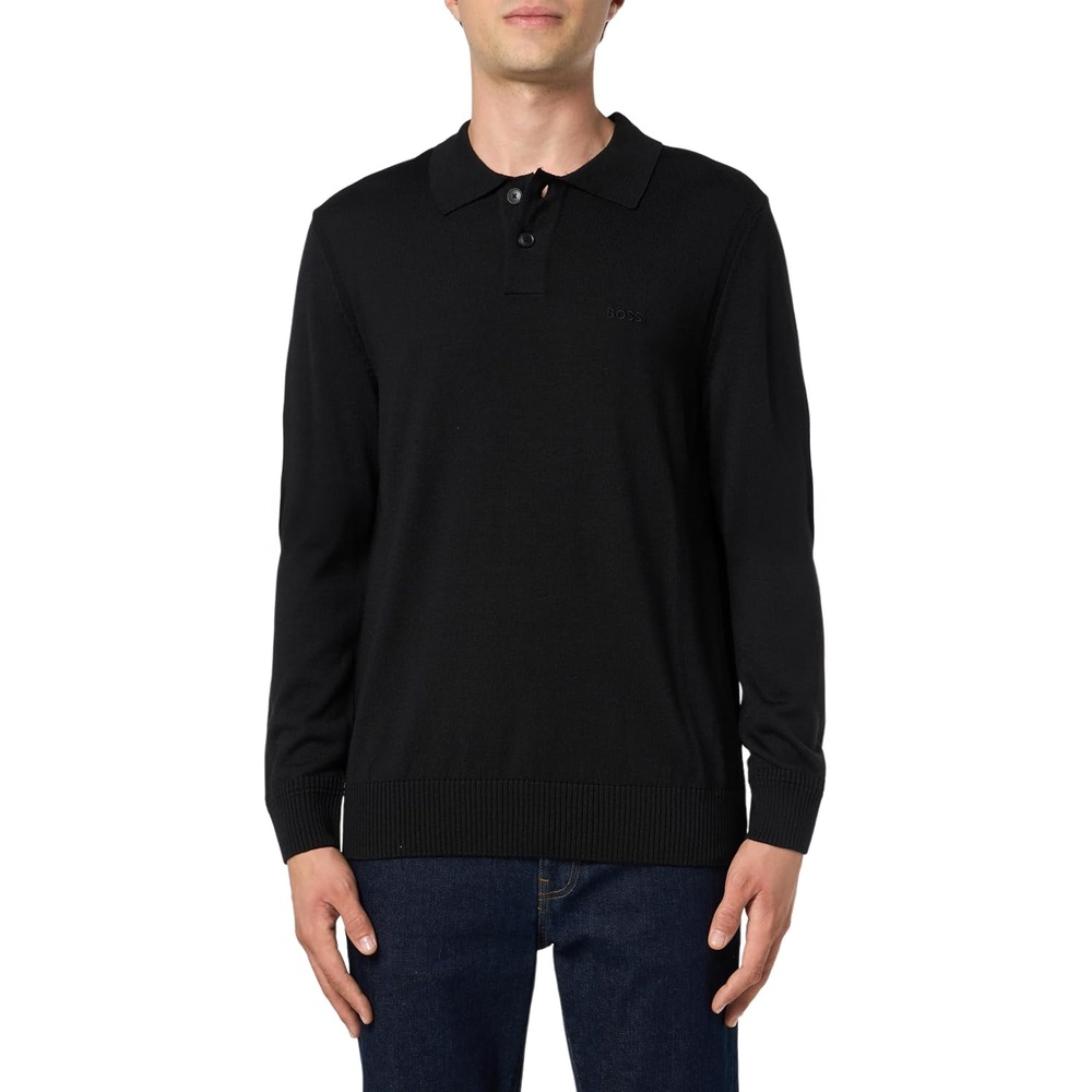 image:imageBOSS Mens Small Logo Wool Blend Knit Collar SweaterBlack Sky