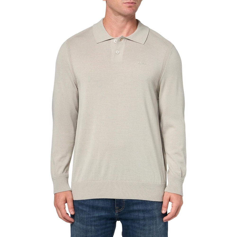 image:imageBOSS Mens Small Logo Wool Blend Knit Collar SweaterDessert Beige