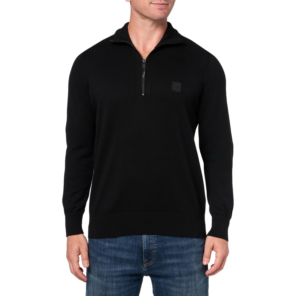 image:imageBOSS Mens Square Logo Cotton Blend Quarter Zip SweaterBlack Sky