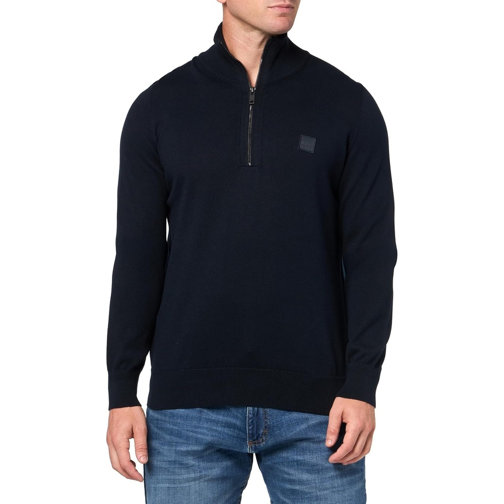 image:imageBOSS Mens Square Logo Cotton Blend Quarter Zip SweaterDeep Sea