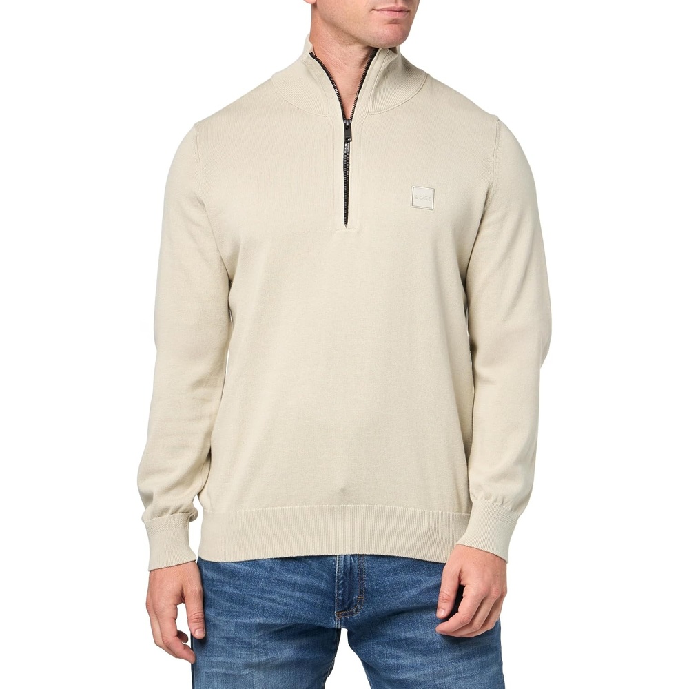image:imageBOSS Mens Square Logo Cotton Blend Quarter Zip SweaterDessert Beige