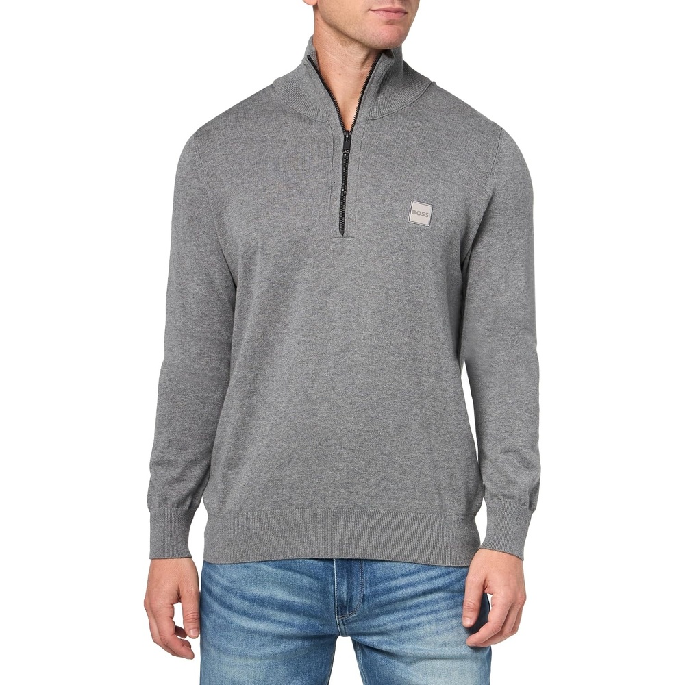 image:imageBOSS Mens Square Logo Cotton Blend Quarter Zip SweaterMoonrock Grey