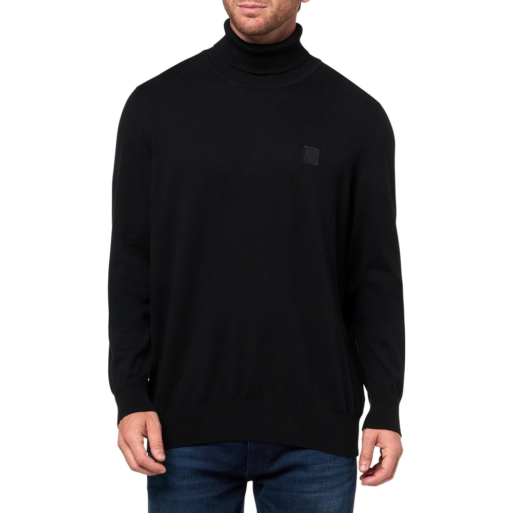 image:imageBOSS Mens Square Logo Cotton Blend Turtle Neck SweaterBlack Olive