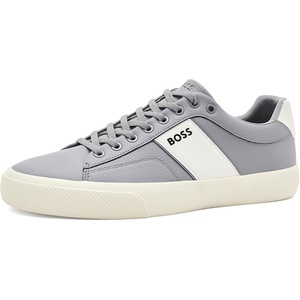 BOSS Men’s Aiden Logo Block Leather Low Top Sneaker(Quarry Grey)