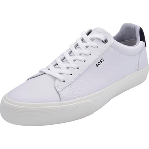 BOSS Men’s Aiden Logo Block Leather Low Top Sneakers(Extra White)