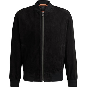 BOSS Men’s Joflag Suede Bomber Jacket with Ribbed Cuffs(Black 1)