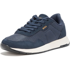 BOSS Men’s Leather Mix Low Top Sneaker(Charcoal Blue)