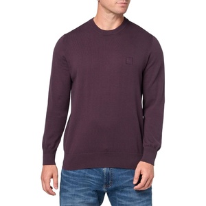 BOSS Men’s Square Logo Cotton Blend Knit Sweater(Eggplant)