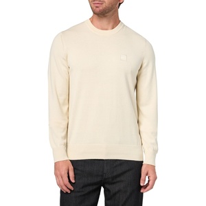 BOSS Men’s Square Logo Cotton Blend Knit Sweater(Seed Pearl)