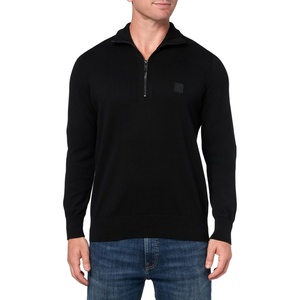 BOSS Men’s Square Logo Cotton Blend Quarter Zip Sweater(Black Sky)