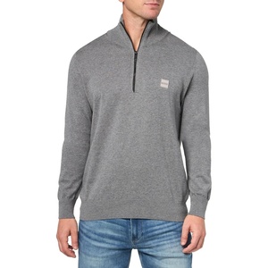 BOSS Men’s Square Logo Cotton Blend Quarter Zip Sweater(Moonrock Grey)